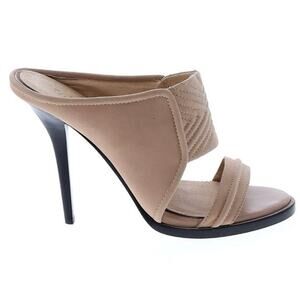 L.A.M.B. Gwen Stefani Tan Double‎ Strap Leather Mule Stiletto Open Toe Heels - 6